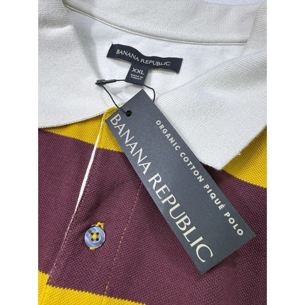 Banana Republic Mens 2XL Maroon Gold Rugby Striped Organic Cotton Pique Polo NWT